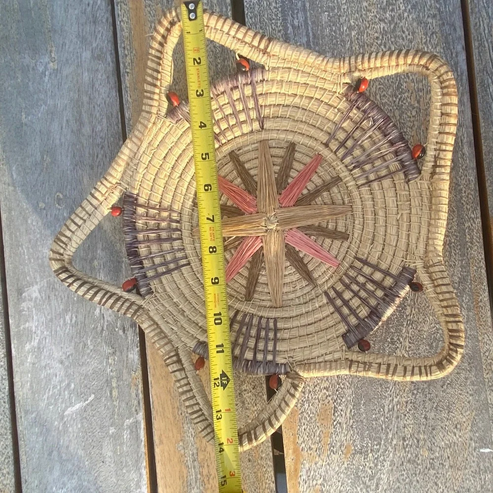 Handcrafted Woven Grass Star Basket Sunburst Wall Decor Boho Fiber Art Beads 14